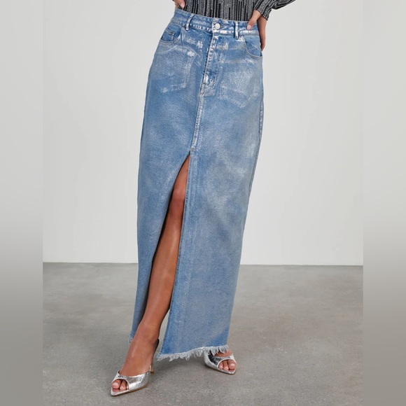 NWT VICI Zeena Metallic Denim Maxi Skirt |Size Large - Picture 2 of 6